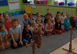 Dzieci siedzą na dywanie i przyglądają się sowom.