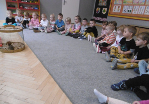 Dzieci z grupy pierwszej siedzą w półkolu, przed nimi stoi klatka z wiewiórką.