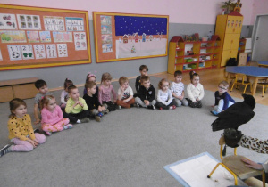 Dzieci z grupy II siedzą na dywanie i obserwują zachowanie kruka.